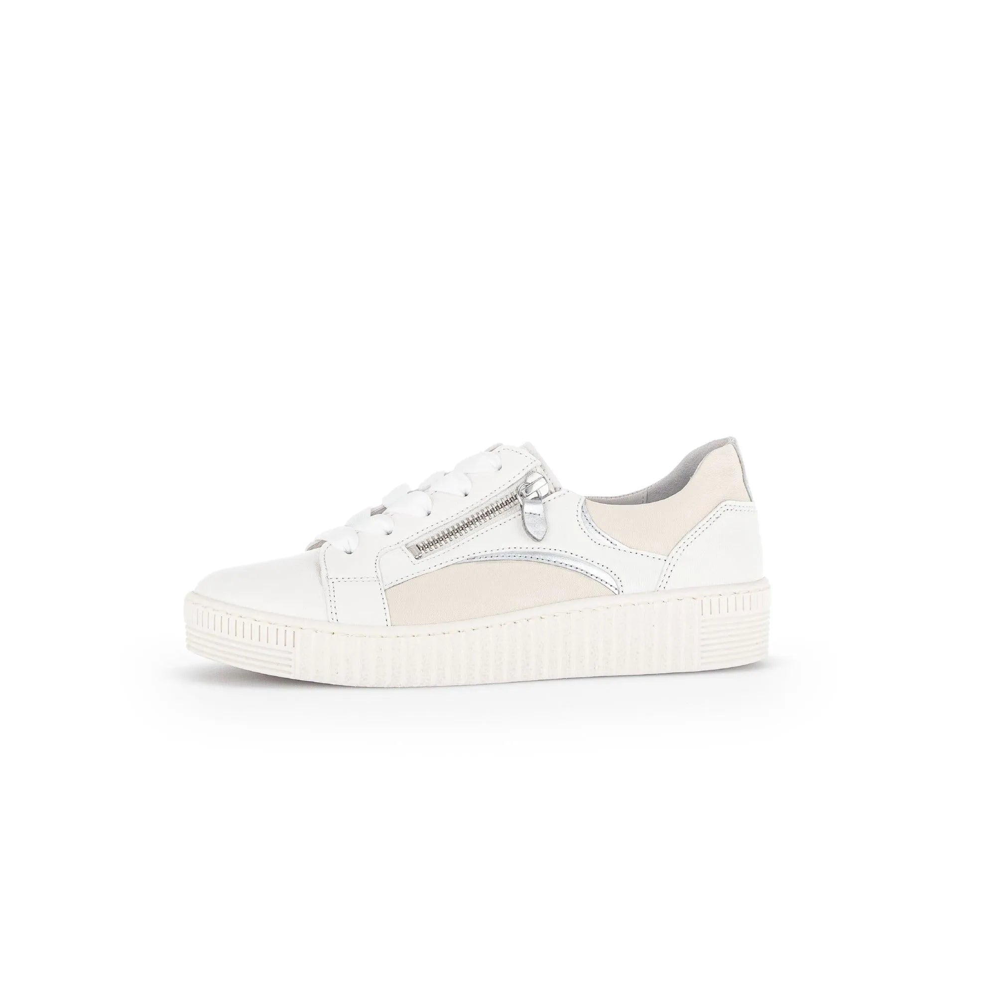 Gabor Wemo Ladies Latte leather trainers with lace-up front, side zipper, and white platform sole.