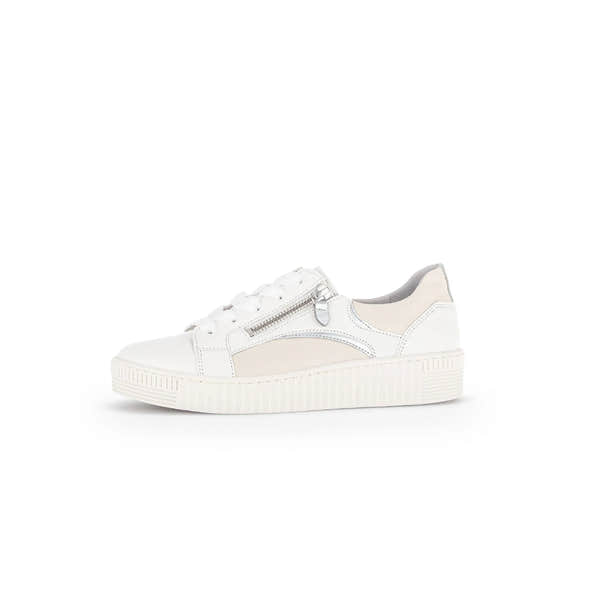 Gabor Wemo Ladies Latte leather trainers with lace-up front, side zipper, and white platform sole.