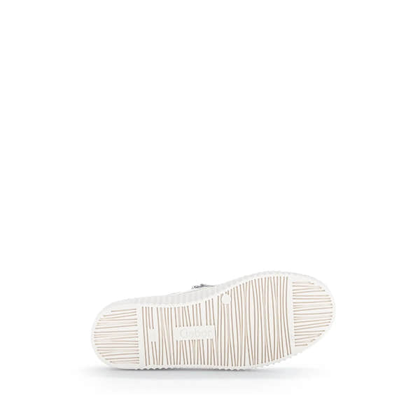 Gabor Wemo ladies latte leather trainers with zipper and lace details, white sole, and textured outsole.