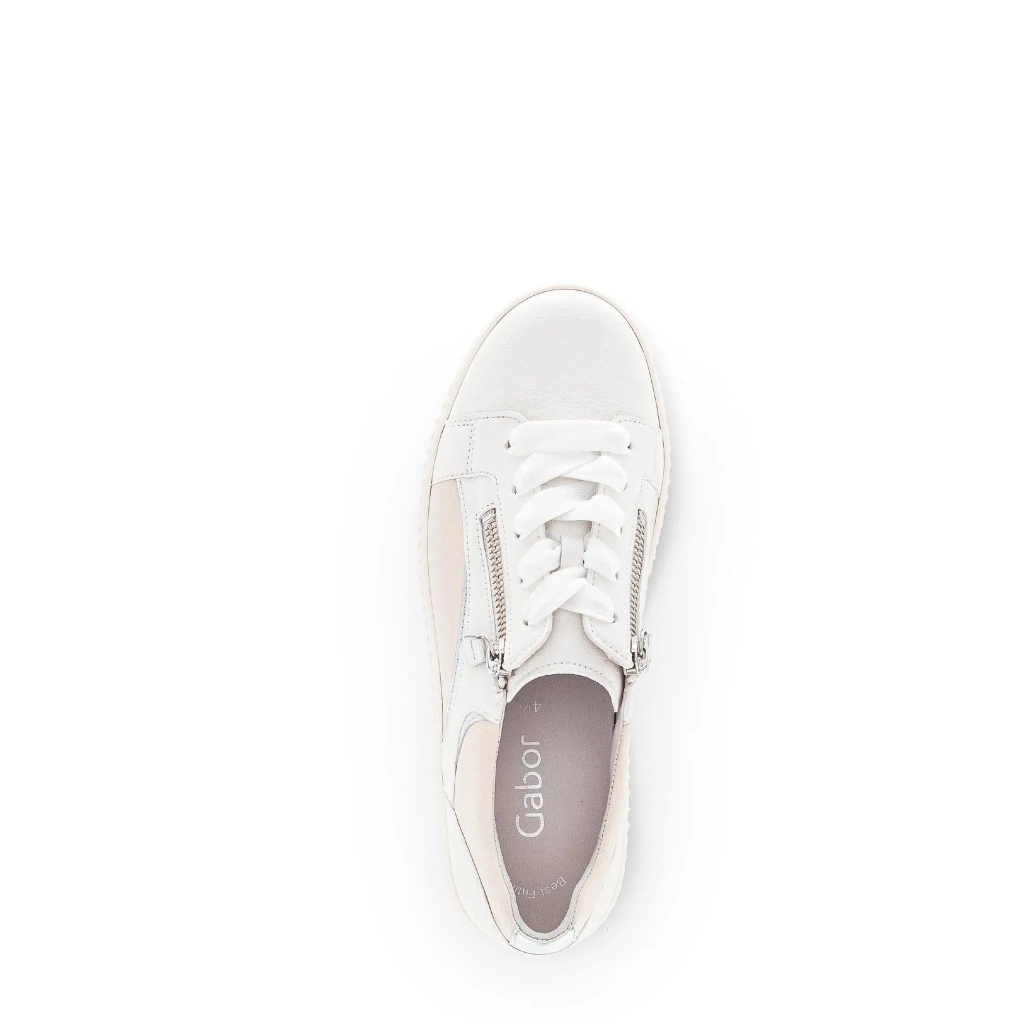 Gabor ladies' trainers in latte leather, featuring laces and zippers, with a sleek, modern design.