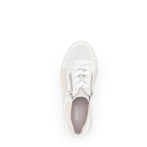 Gabor ladies' trainers in latte leather, featuring laces and zippers, with a sleek, modern design.