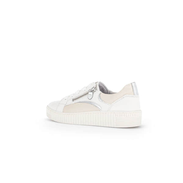 Gabor Wemo Ladies Latte leather trainers with lace-up, zipper detail, chunky sole, and silver accents on a white background.