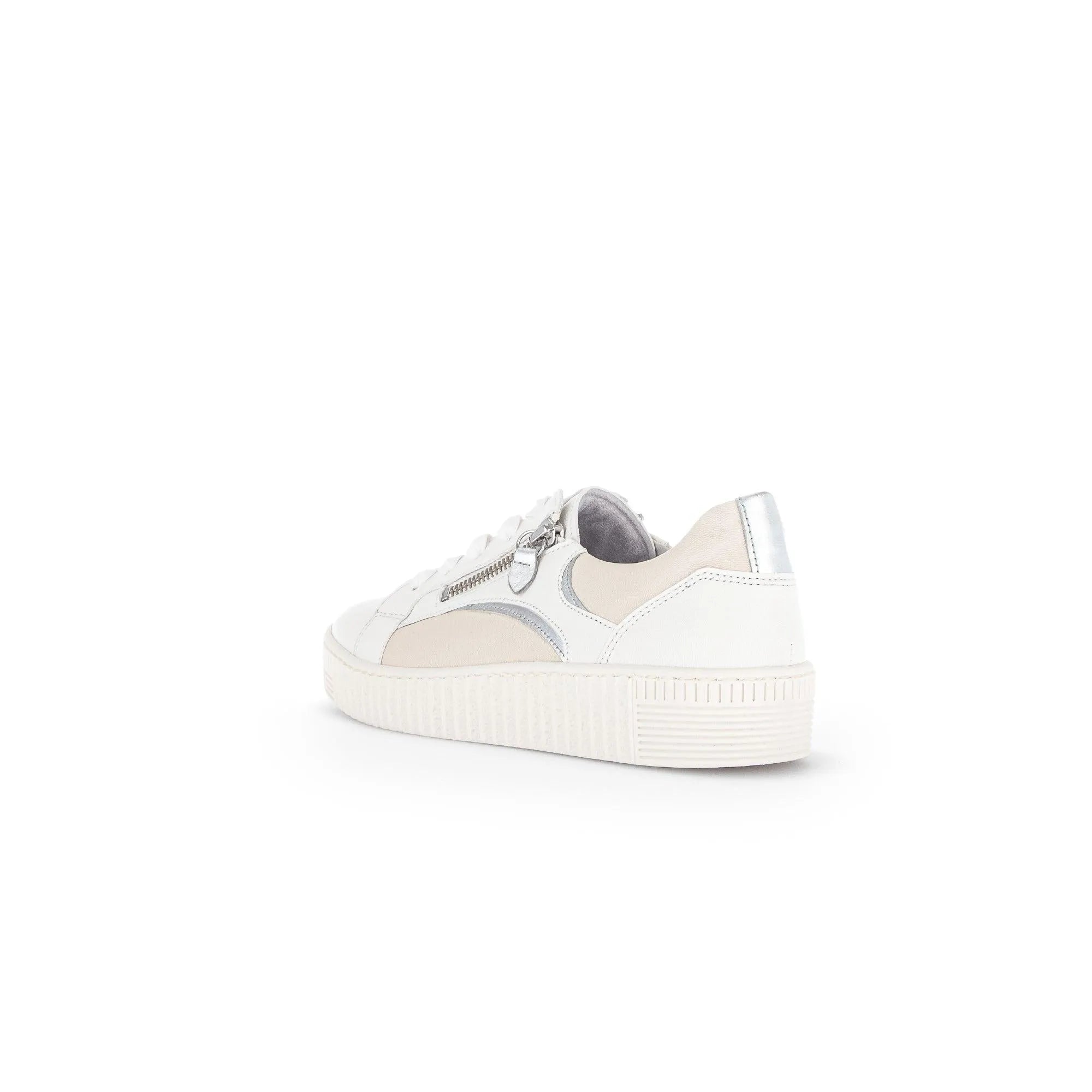 Gabor Wemo ladies latte leather trainers with lace-up and zipper detail, chunky sole, silver accents, and mixed materials.