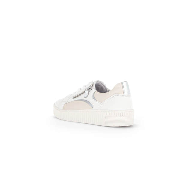 Gabor Wemo ladies latte leather trainers with lace-up and zipper detail, chunky sole, silver accents, and mixed materials.
