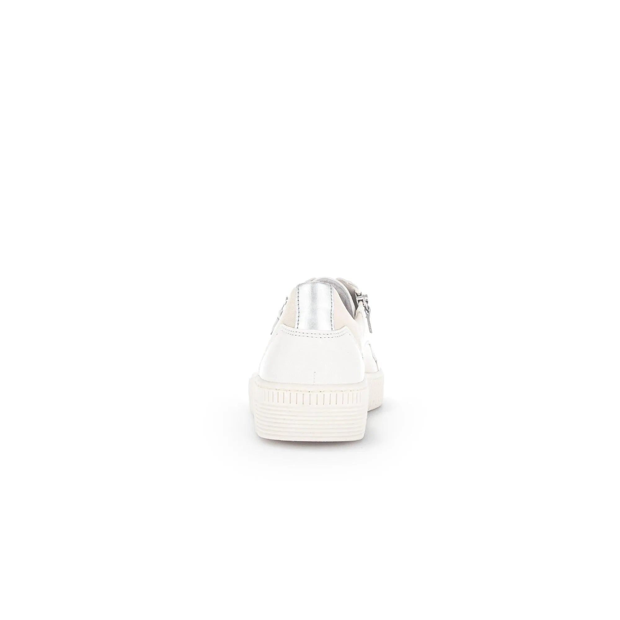 White leather zip and lace trainers with silver accents and textured sole, designed for ladies. Stylish and versatile.