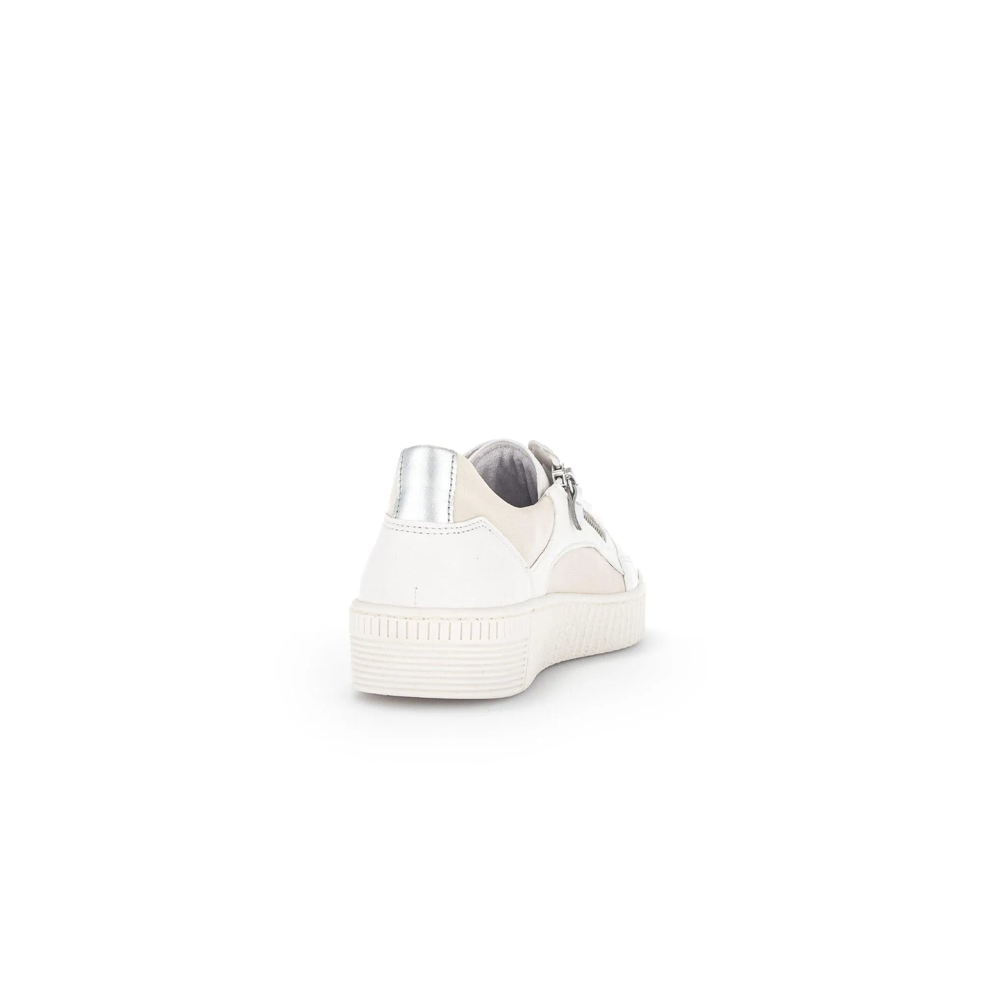 Latte leather trainers with silver accents, featuring a zip and lace design, and a textured white rubber sole.