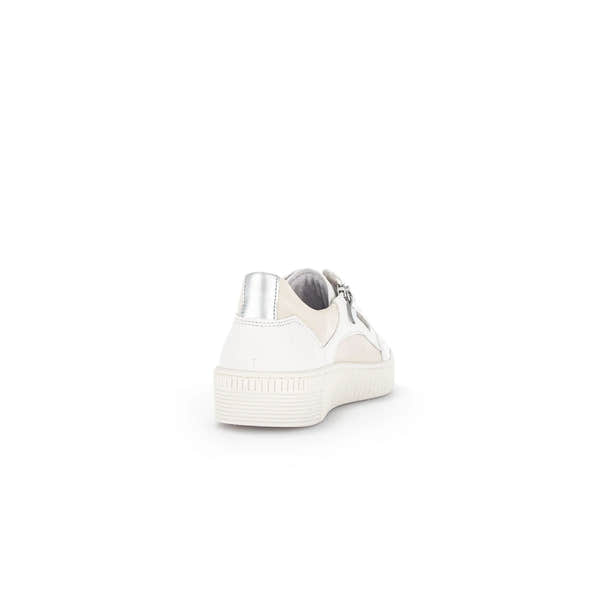 Latte leather trainers with silver accents, featuring a zip and lace design, and a textured white rubber sole.