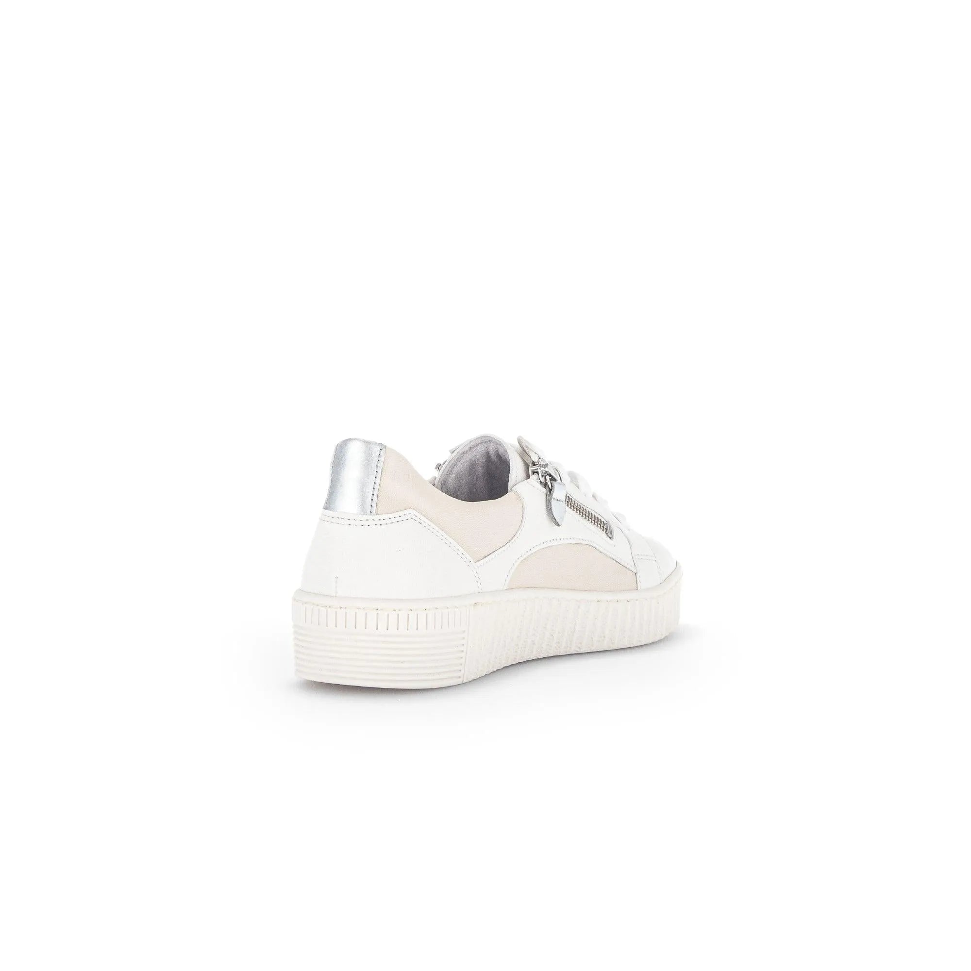 Gabor Wemo ladies' sneakers with white, beige, and silver leather and lace-up design, featuring a side zipper and chunky sole.