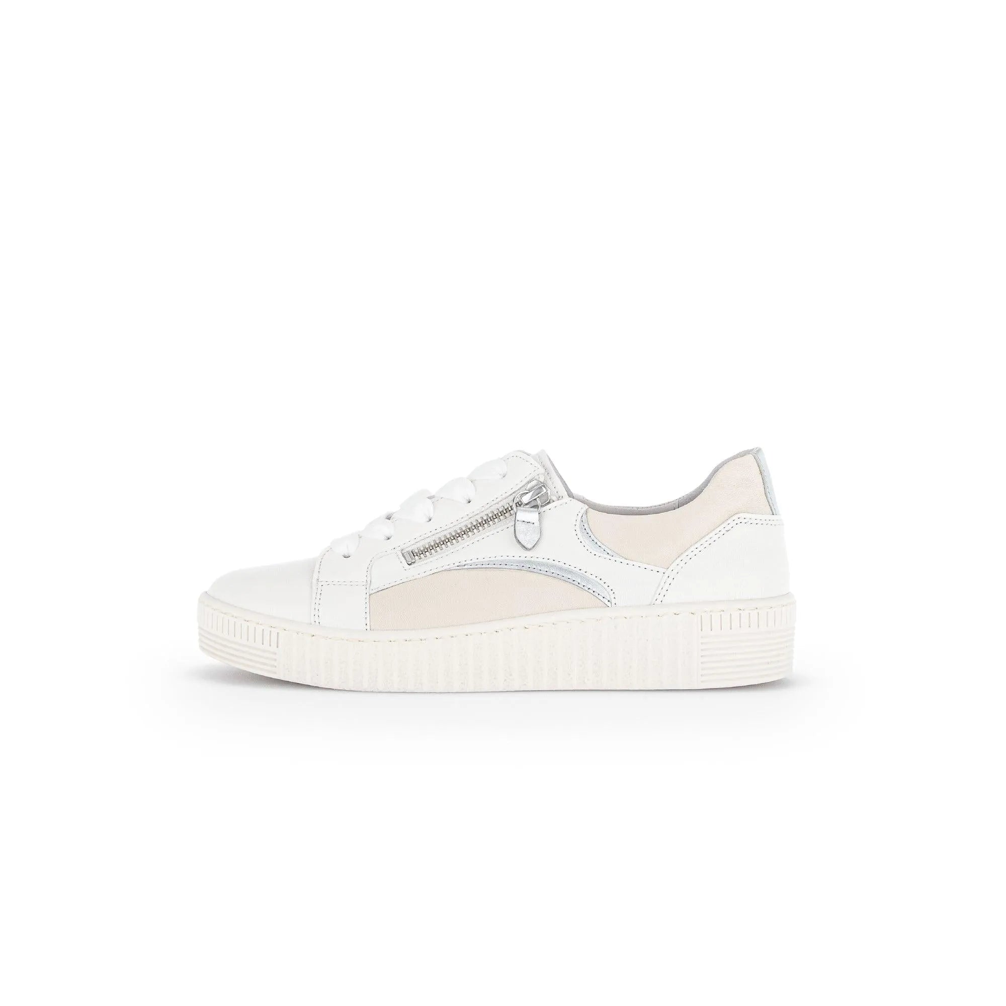 Gabor women's white leather trainers with beige accents, lace-up, side zipper, and chunky sole.