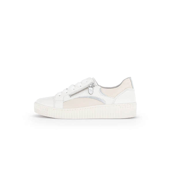 Gabor women's white leather trainers with beige accents, lace-up, side zipper, and chunky sole.