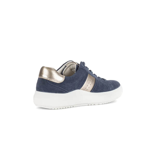 Gabor Ladies Denim Suede Lace-Up Trainers with metallic back detail and white sole, size 83.360.13 in jade color.