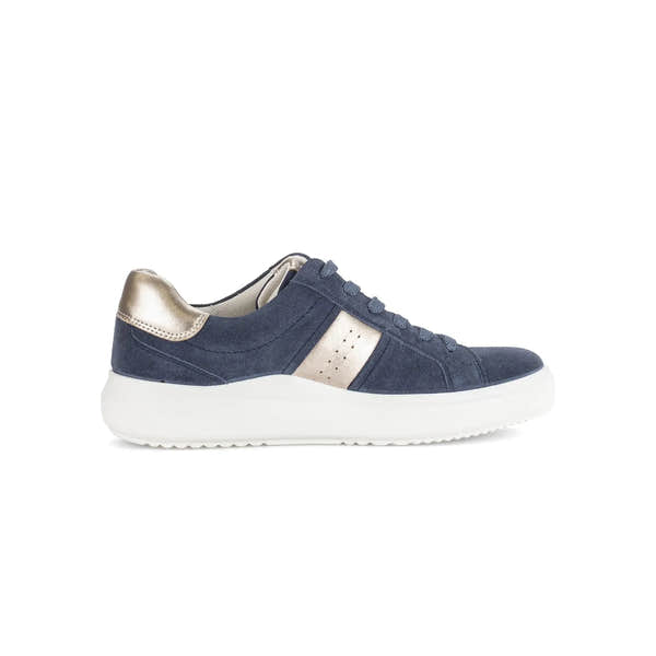 Gabor 83.360.13 Jade women's denim and suede lace-up trainers with metallic accents and white chunky sole.