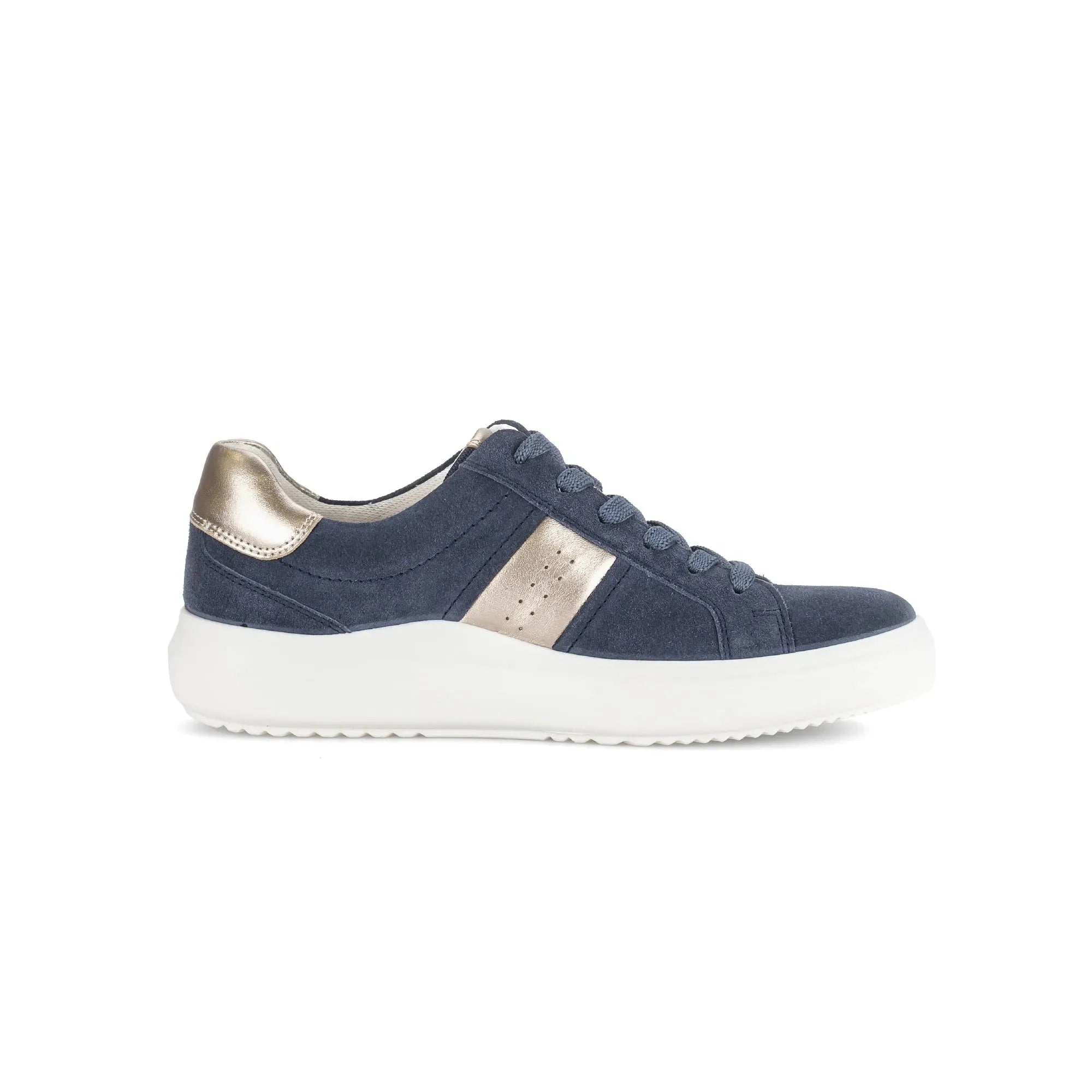 Gabor ladies' denim suede lace-up trainers with metallic heel detail, cream stripe, and white rubber sole.