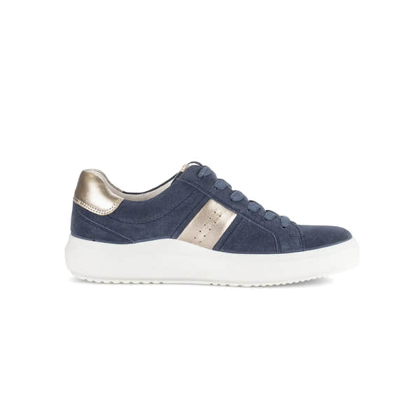 Gabor ladies' denim suede lace-up trainers with metallic heel detail, cream stripe, and white rubber sole.