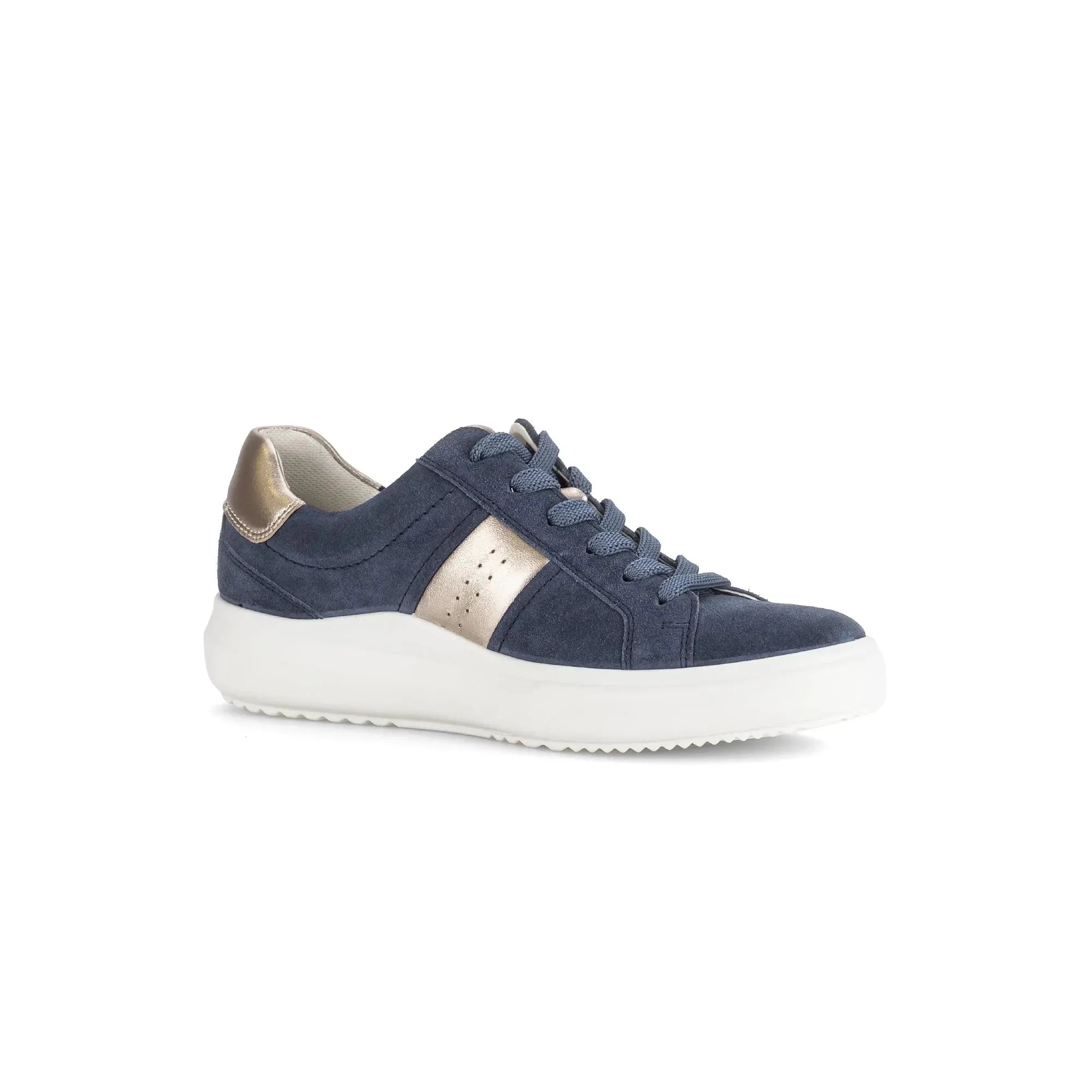 Gabor 83.360.13 Jade women's denim and suede lace-up trainers with metallic accents and white rubber sole.