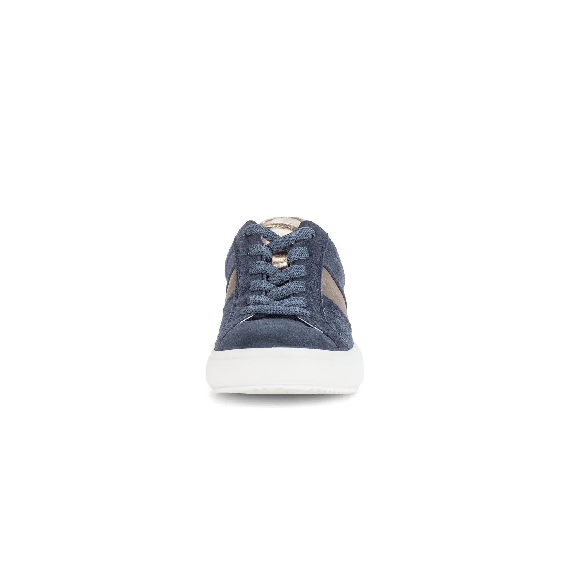 Gabor 83.360.13 Jade ladies denim suede lace-up trainers with white sole and beige side panels.