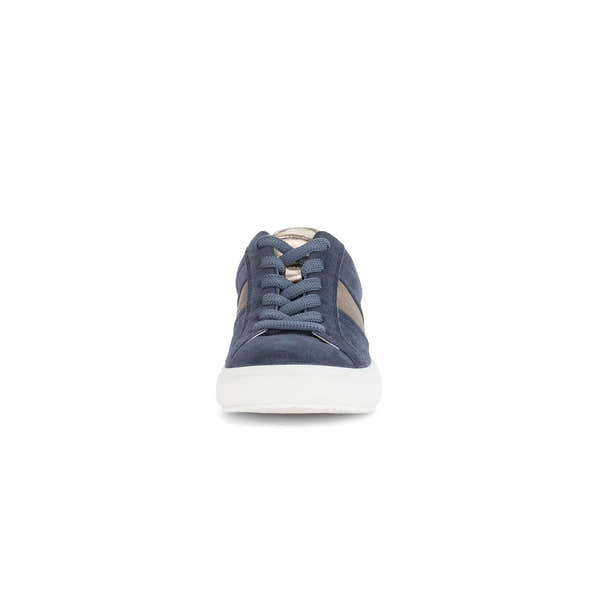 Gabor 83.360.13 Jade ladies denim suede lace-up trainers with white sole and beige side panels.