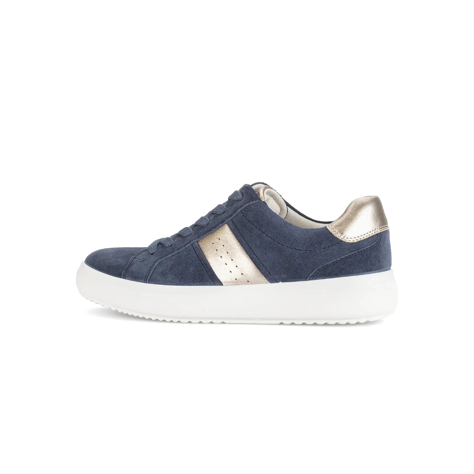 Gabor Ladies Denim Suede Lace-Up Trainers in navy with metallic heel detail and white sole.