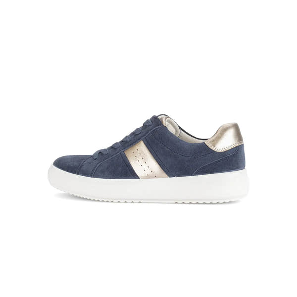 Gabor Ladies Denim Suede Lace-Up Trainers in navy with metallic heel detail and white sole.