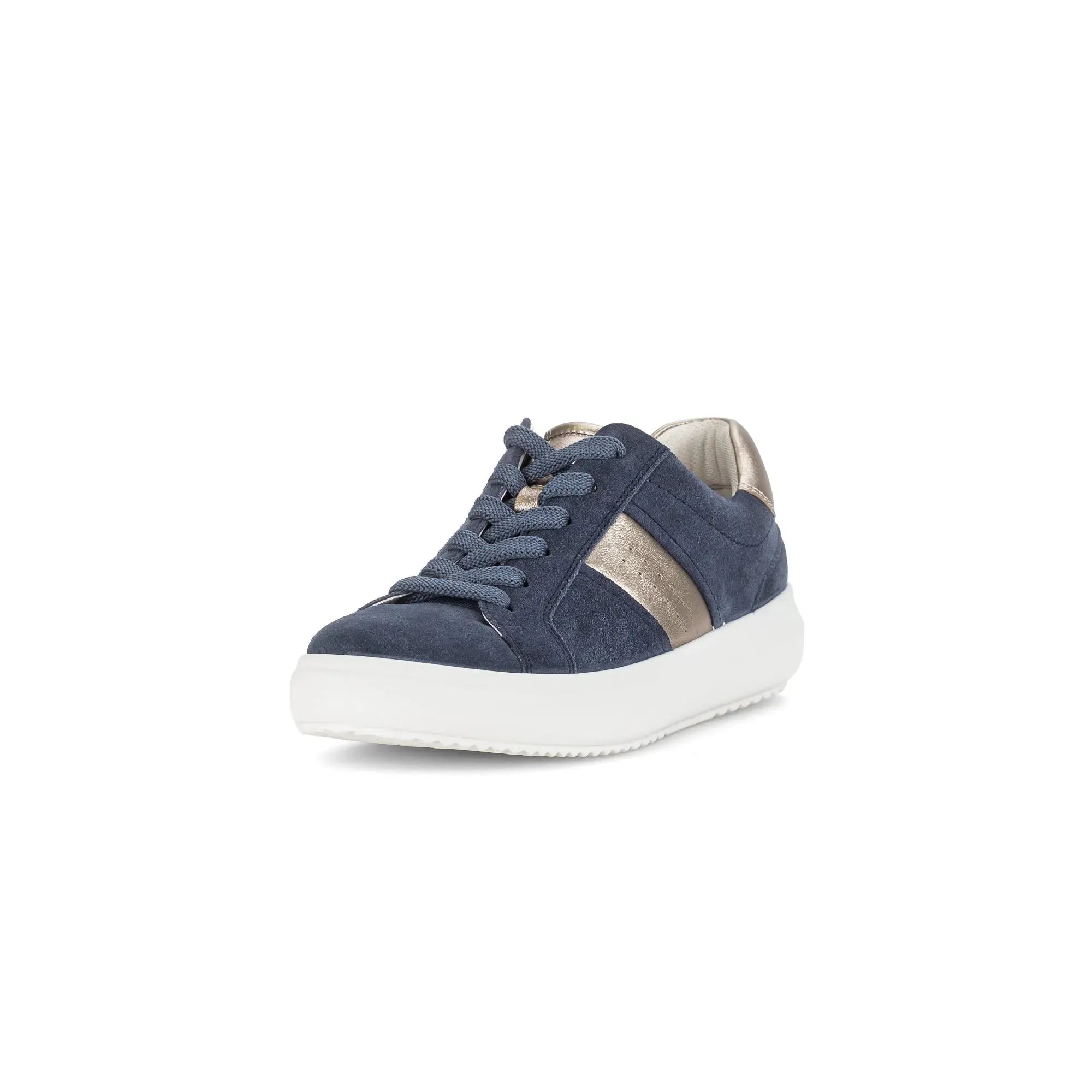 Gabor Women's Jade denim suede lace-up trainers with white chunky sole and metallic accents.