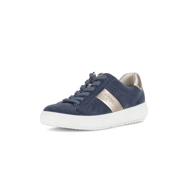 Gabor Jade Ladies Denim Suede Lace-Up Trainers with white sole and metallic accents.