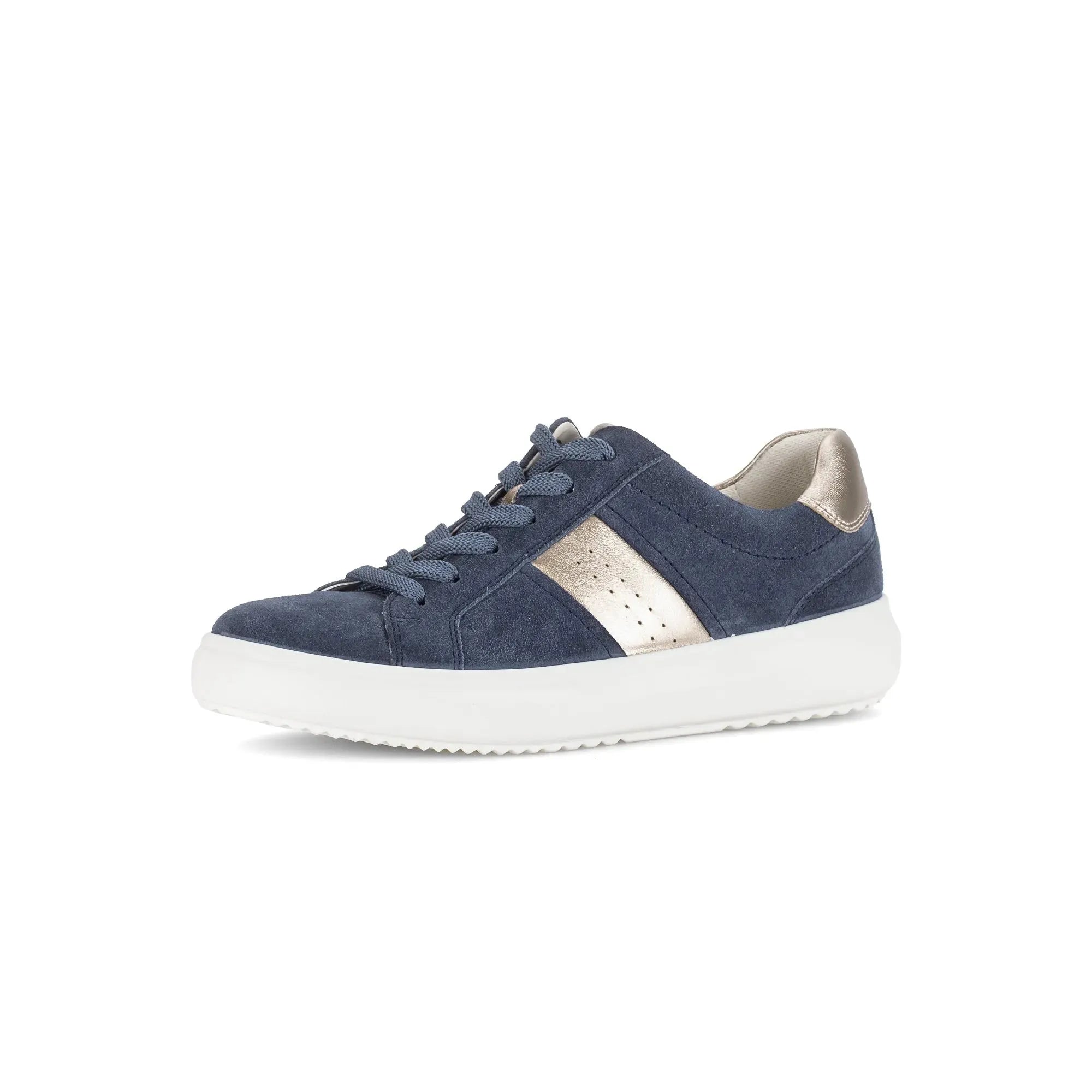 Gabor women's navy denim suede lace-up trainers with white sole and beige accents.