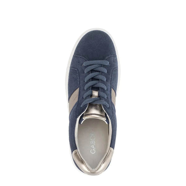 Gabor Ladies denim suede lace-up trainers in jade with silver accents and white rubber sole.