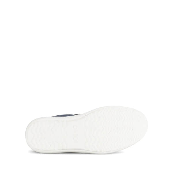 Gabor ladies' denim suede lace-up trainers with a white rubber sole and jade accents.