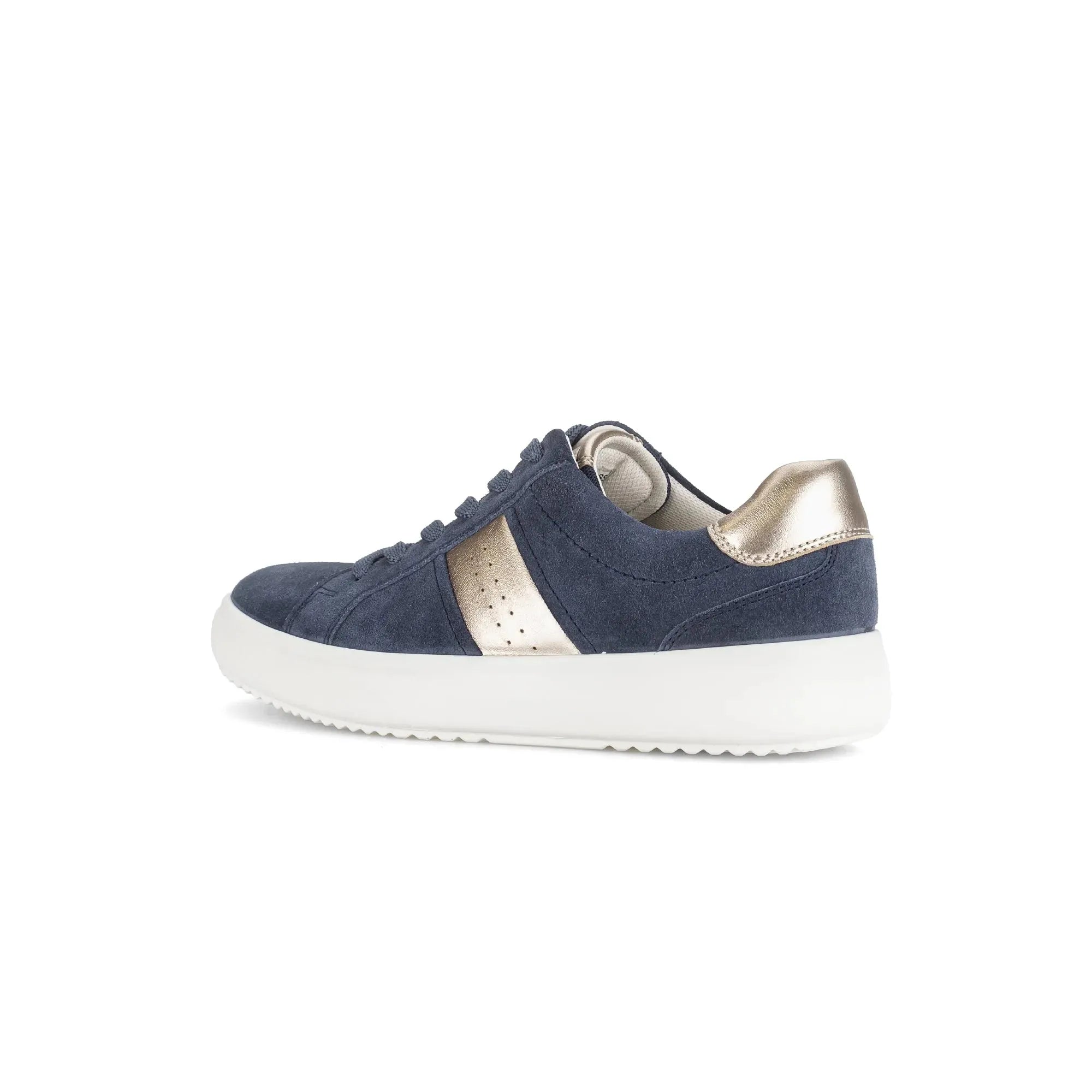 Gabor women's navy denim and suede lace-up trainers with gold accents and white sole.