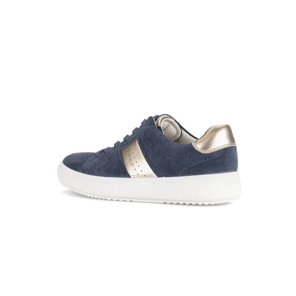Gabor women's navy denim and suede lace-up trainers with gold accents and white sole.
