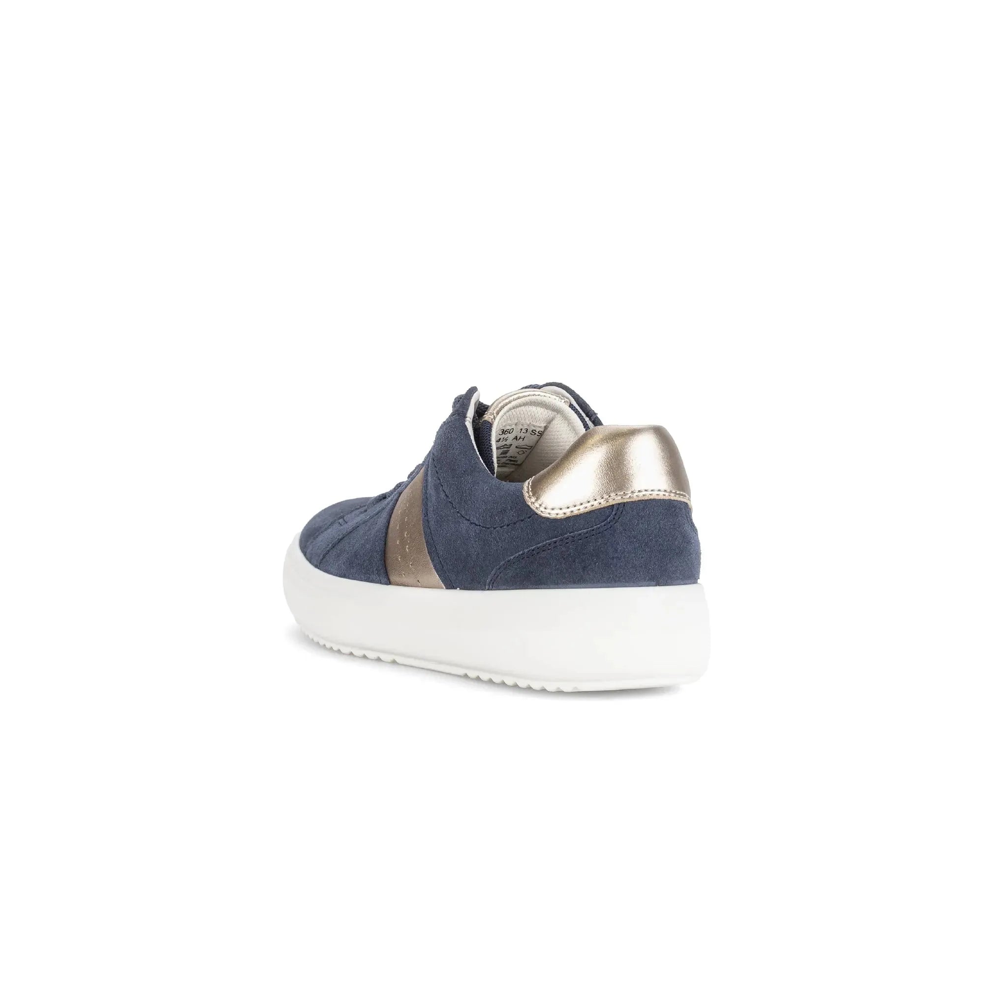 Gabor Jade women's denim and suede lace-up trainers with metallic heel detail and white sole.