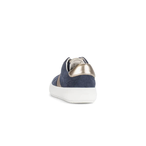 Gabor ladies' denim suede lace-up trainers with metallic heel detail and white sole.