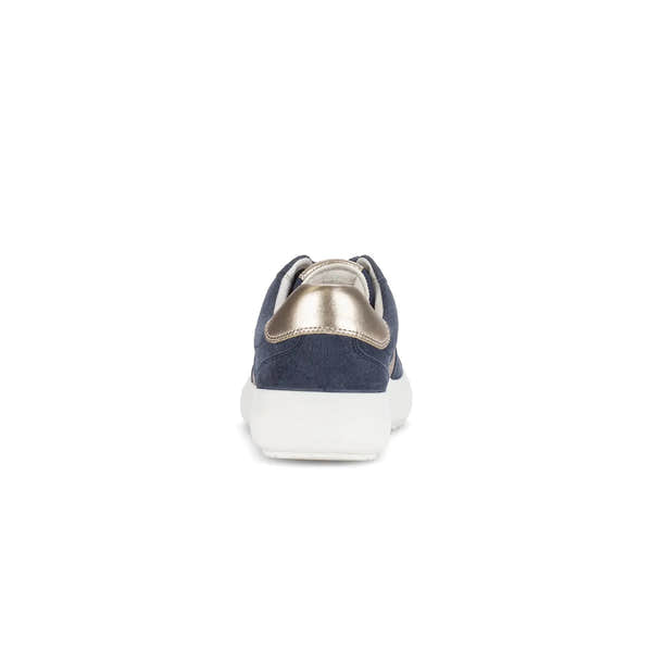 Gabor Ladies Denim Suede Lace-Up Trainers with metallic heel detail and white sole, size 83.360.13, jade color.