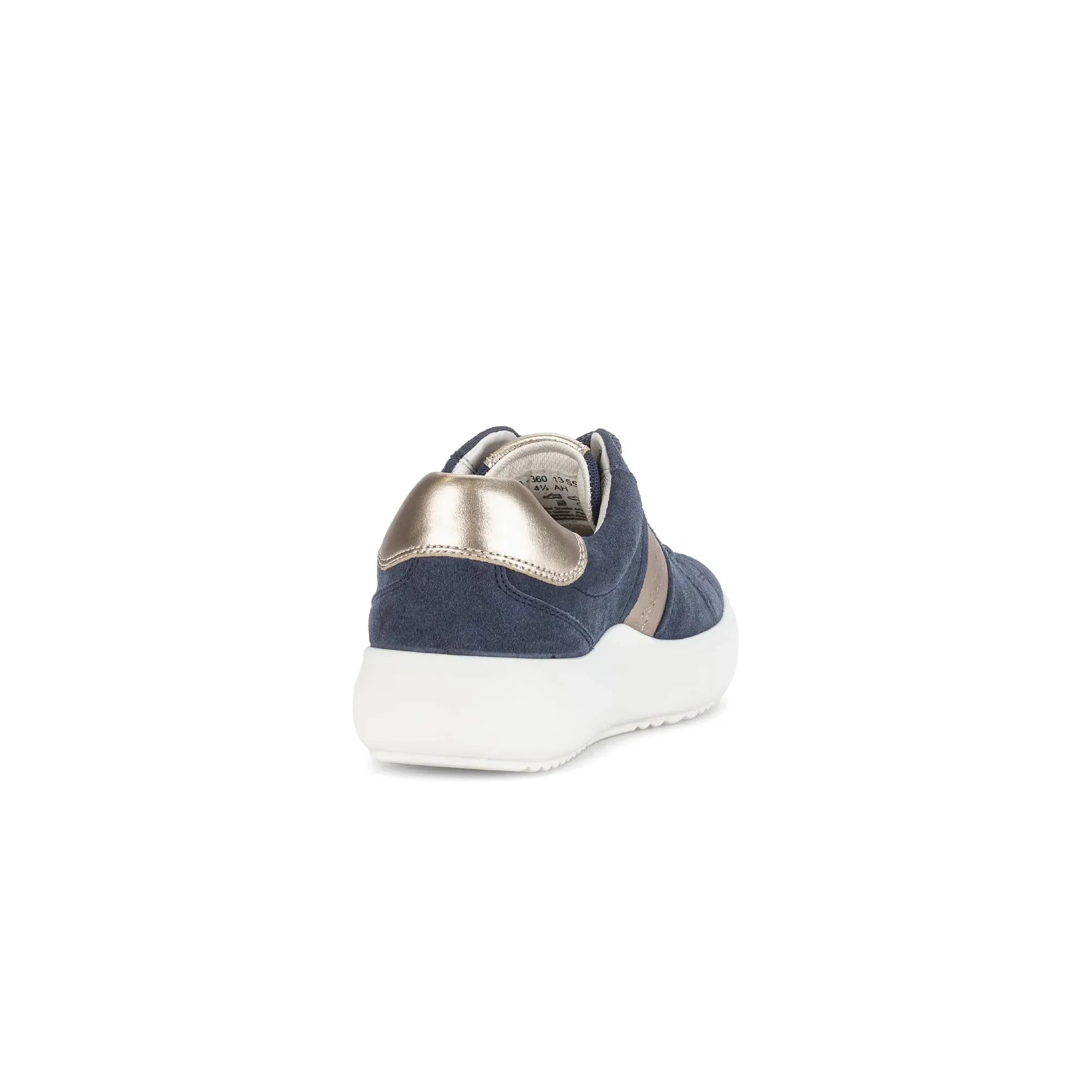 Gabor 83.360.13 Jade women's denim suede lace-up trainers with metallic heel detail and white sole.