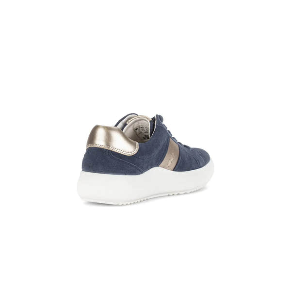 Gabor 83.360.13 Jade Ladies Denim Suede Lace-Up Trainers with metallic heel detail and white Sole.