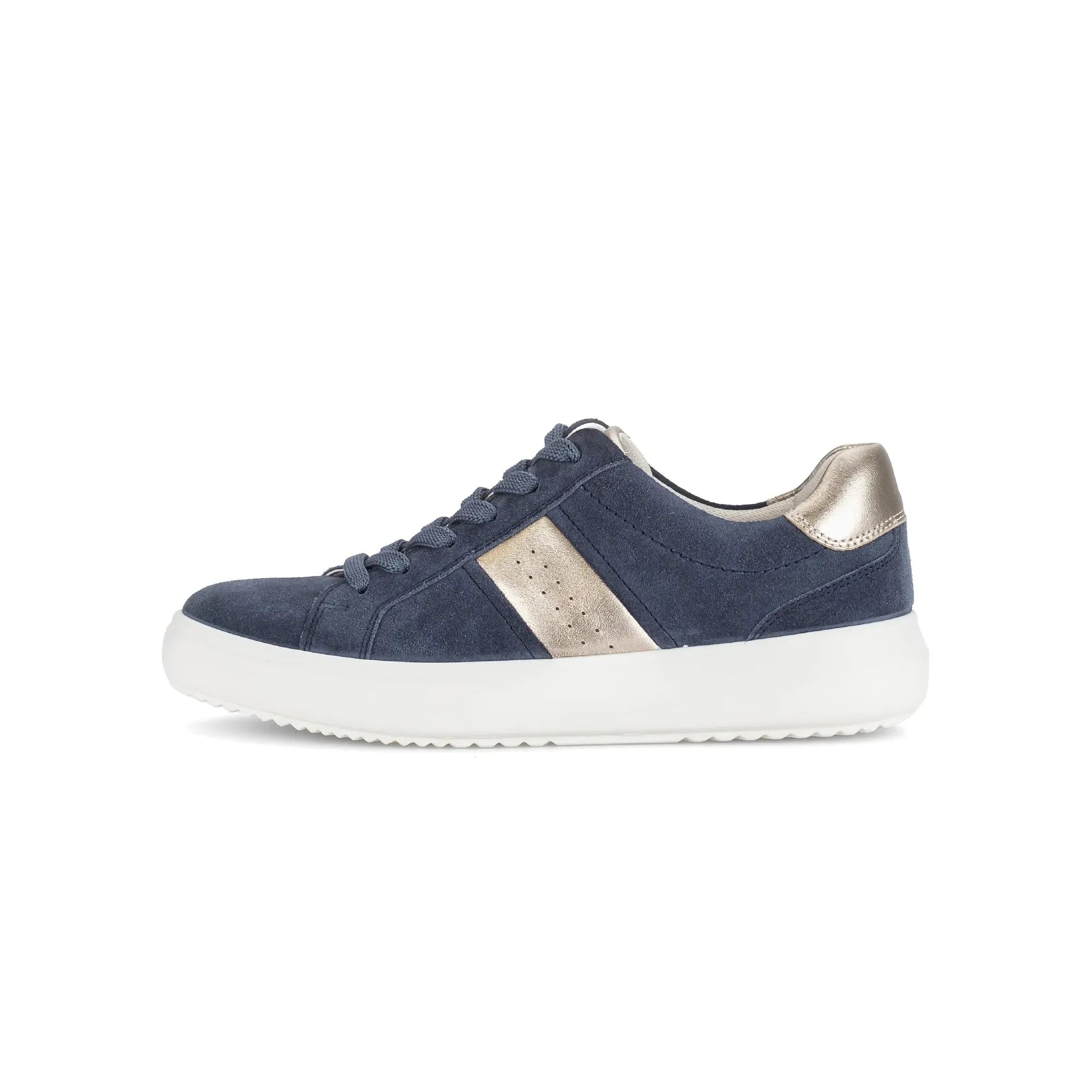 Gabor ladies' navy denim and suede lace-up trainers with metallic accents and a white rubber sole.