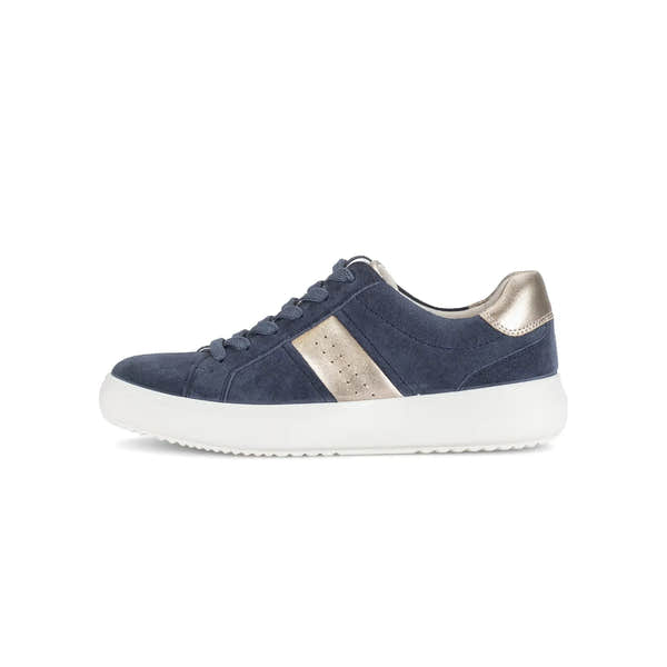 Gabor ladies' navy denim and suede lace-up trainers with metallic accents and a white rubber sole.