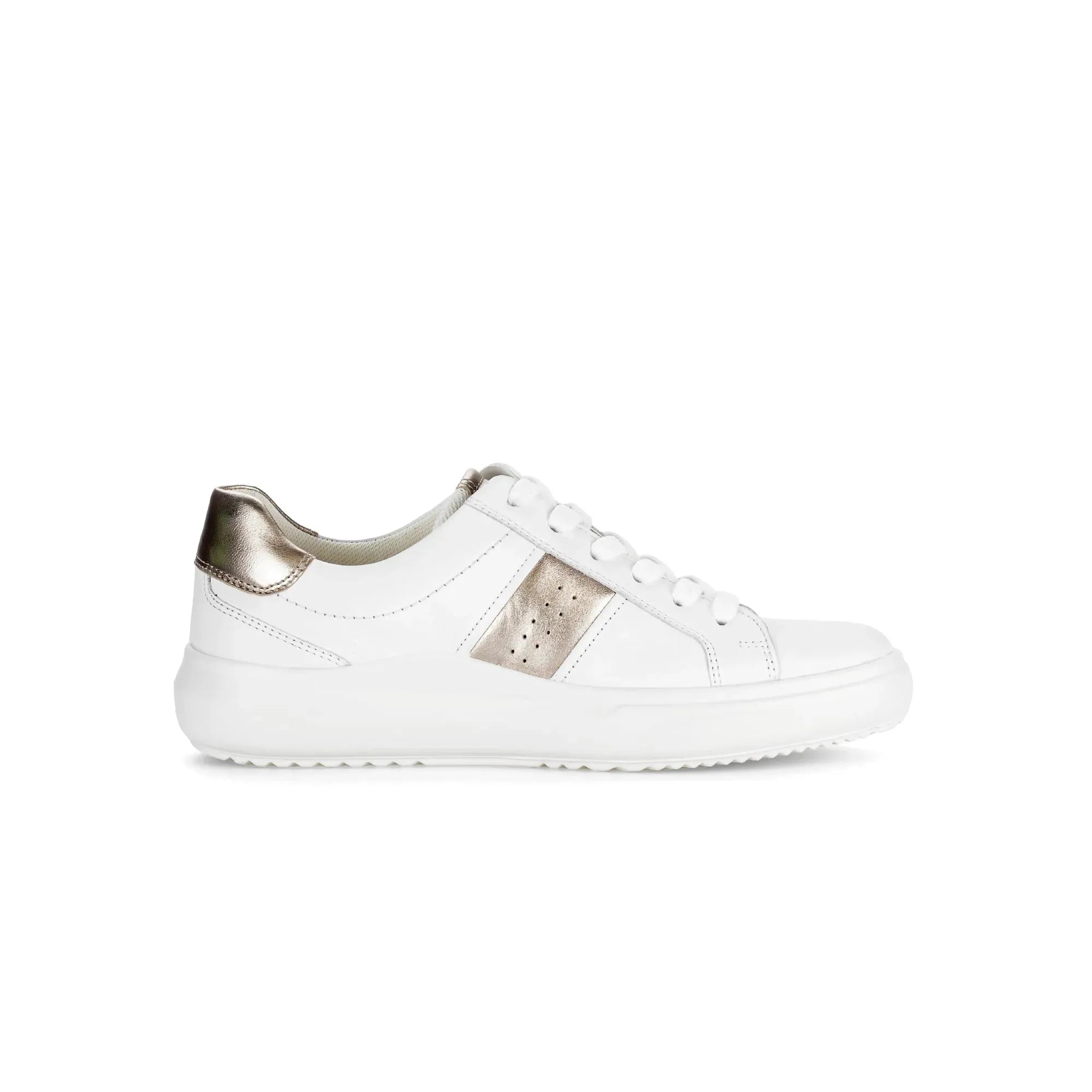 Gabor 83.360.21 Jade women's white leather lace-up trainers with metallic gold heel detail and beige side stripe.