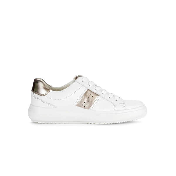 Gabor 83.360.21 Jade women's white leather lace-up trainers with metallic gold heel detail and beige side stripe.
