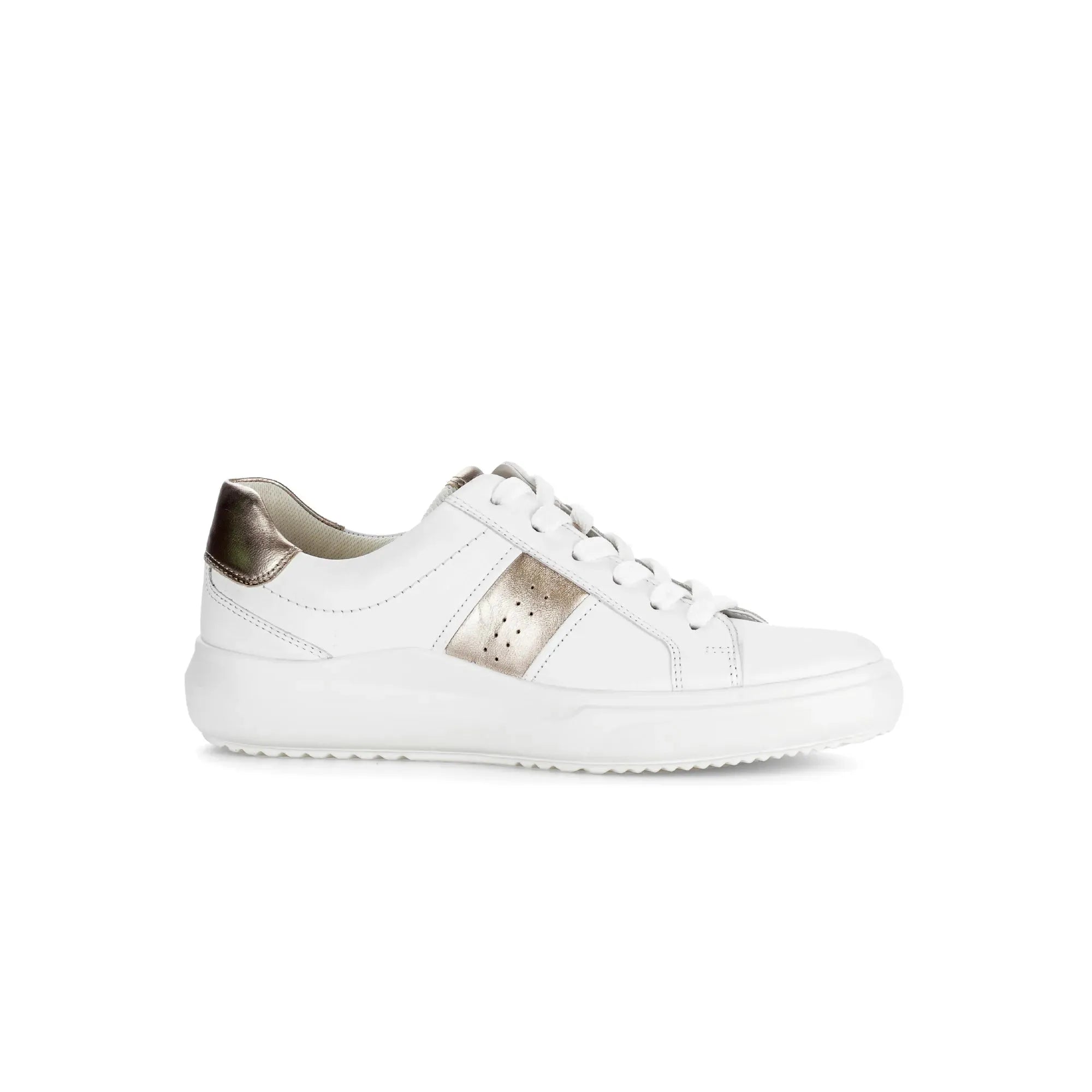 Gabor 83.360.21 Jade women's white leather lace-up trainers with metallic accents and cushioned sole.