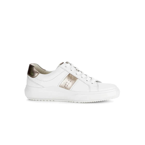 Gabor 83.360.21 Jade women's white leather lace-up trainers with metallic accents and cushioned sole.