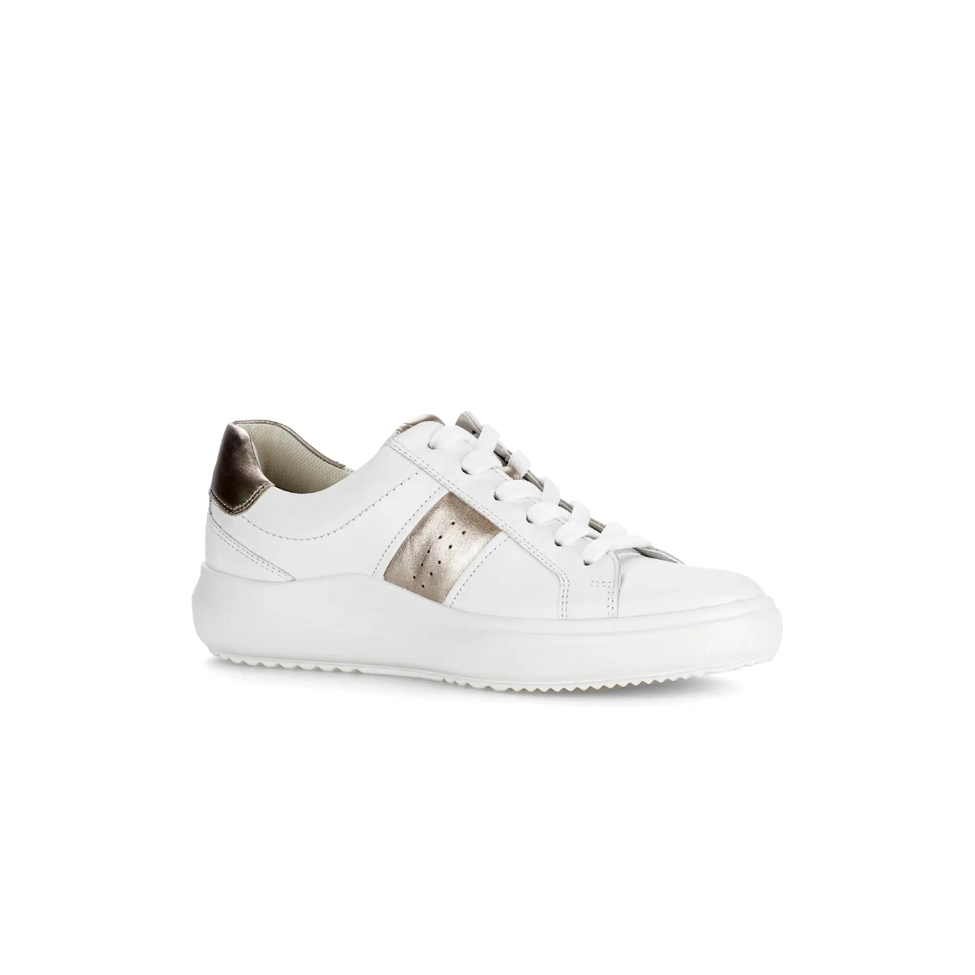 Gabor 83.360.21 Jade women's white leather lace-up trainers with metallic accents and thick sole.