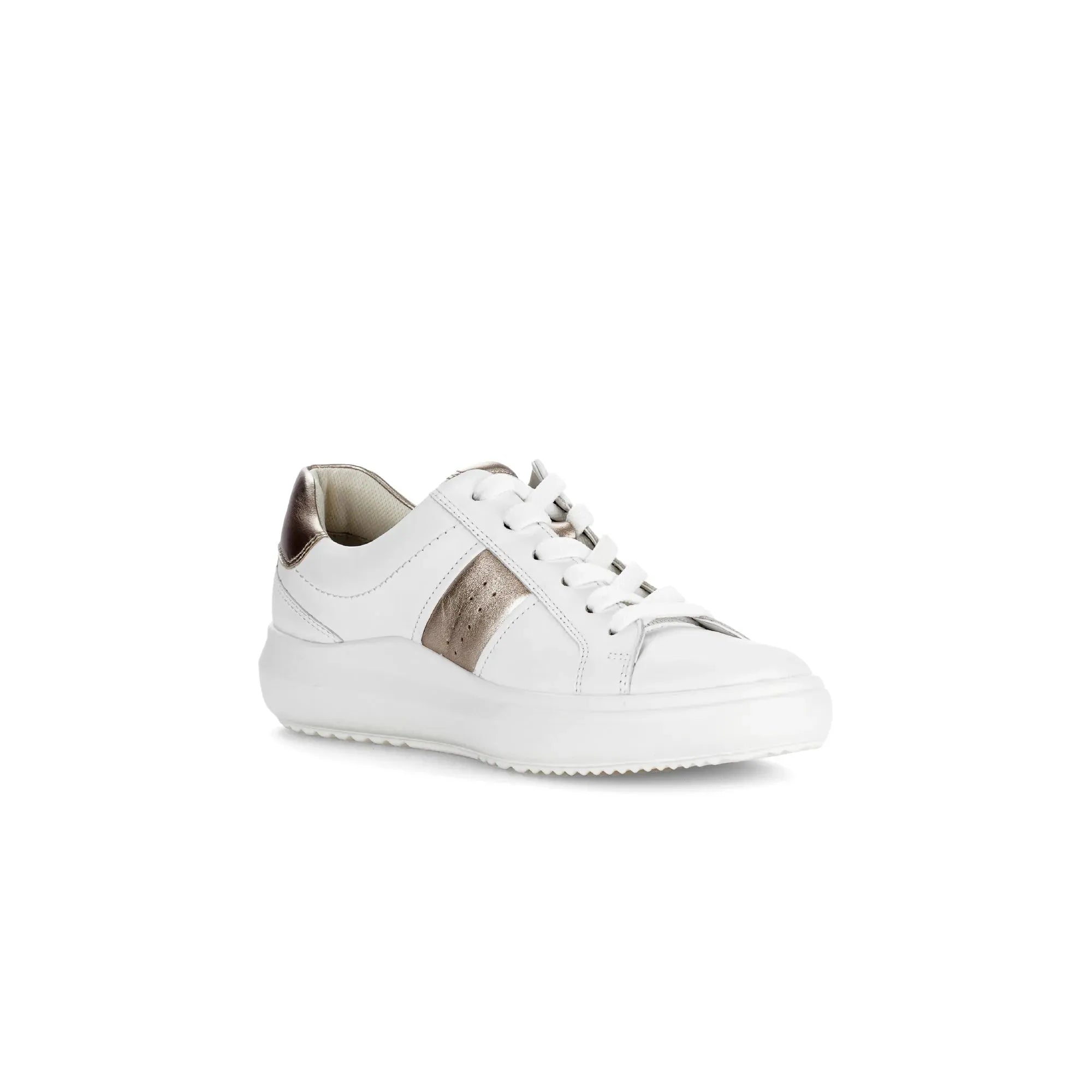 Gabor 83.360.21 Jade women's white leather lace-up trainers with metallic accents and cushioned sole.