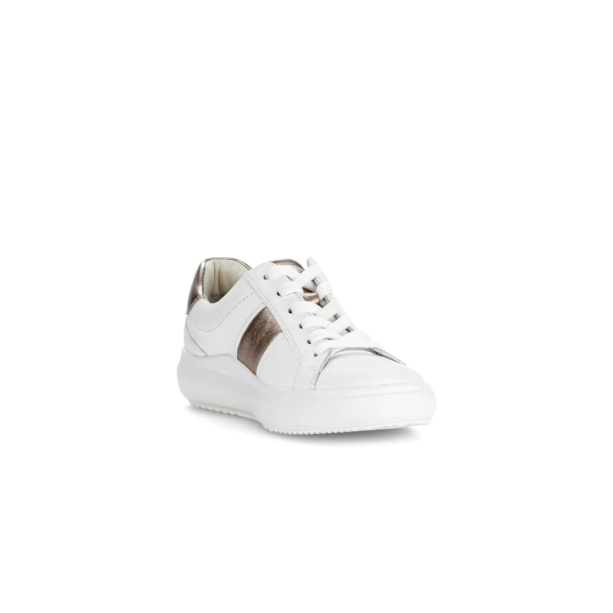 Gabor 83.360.21 Jade women's white leather lace-up trainers with metallic accents and chunky sole.