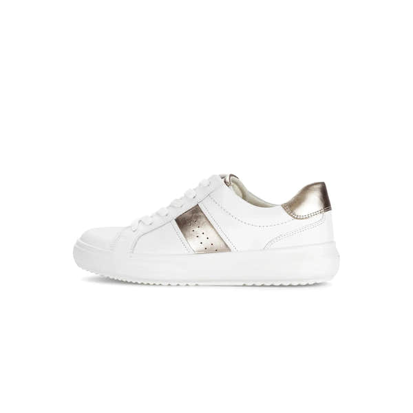 Gabor 83.360.21 women's white leather lace-up trainers with metallic gold accents and chunky sole.
