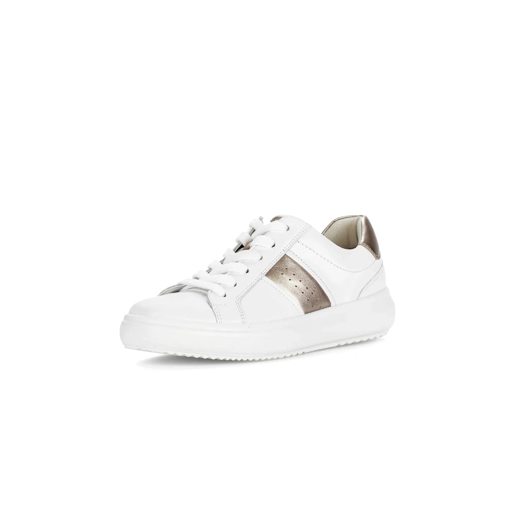 Gabor 83.360.21 Jade women's white leather lace-up trainers with metallic accents and chunky sole.