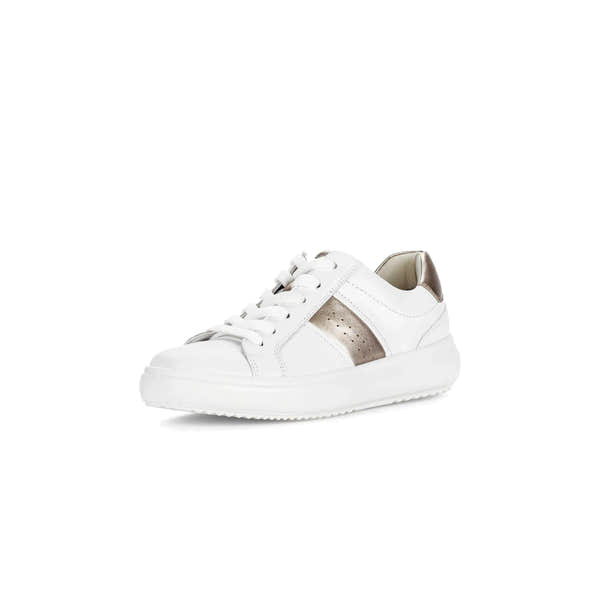 Gabor 83.360.21 Jade women's white leather lace-up trainers with metallic accents and chunky sole.