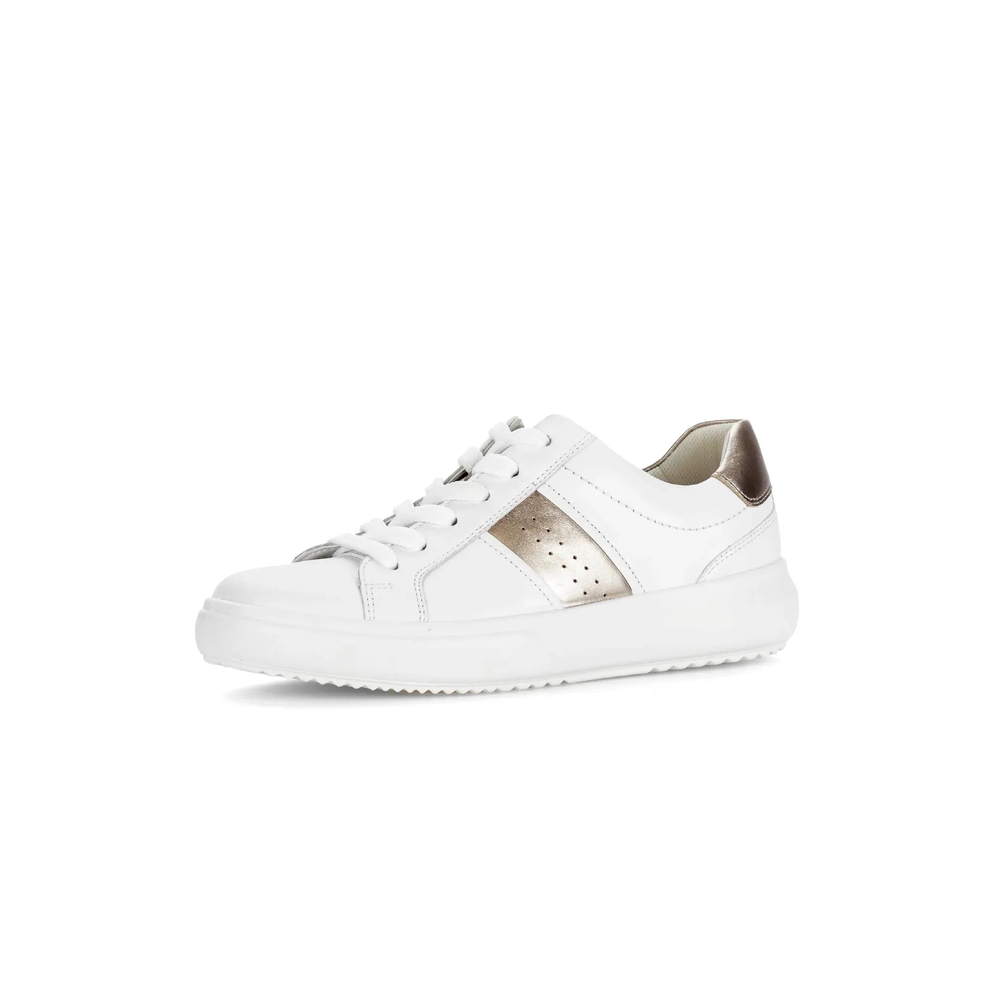 Gabor 83.360.21 Jade women's white leather lace-up trainers with metallic accents and cushioned sole.