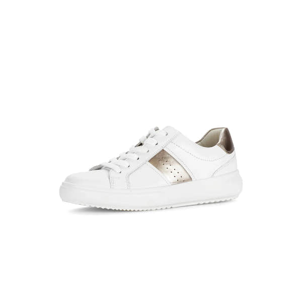 Gabor 83.360.21 Jade women's white leather lace-up trainers with metallic accents and cushioned sole.