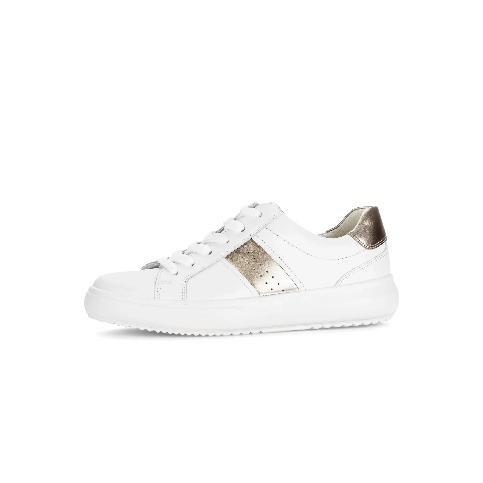 Gabor 83.360.21 Jade white leather lace-up trainers for women with metallic gold and beige accents.